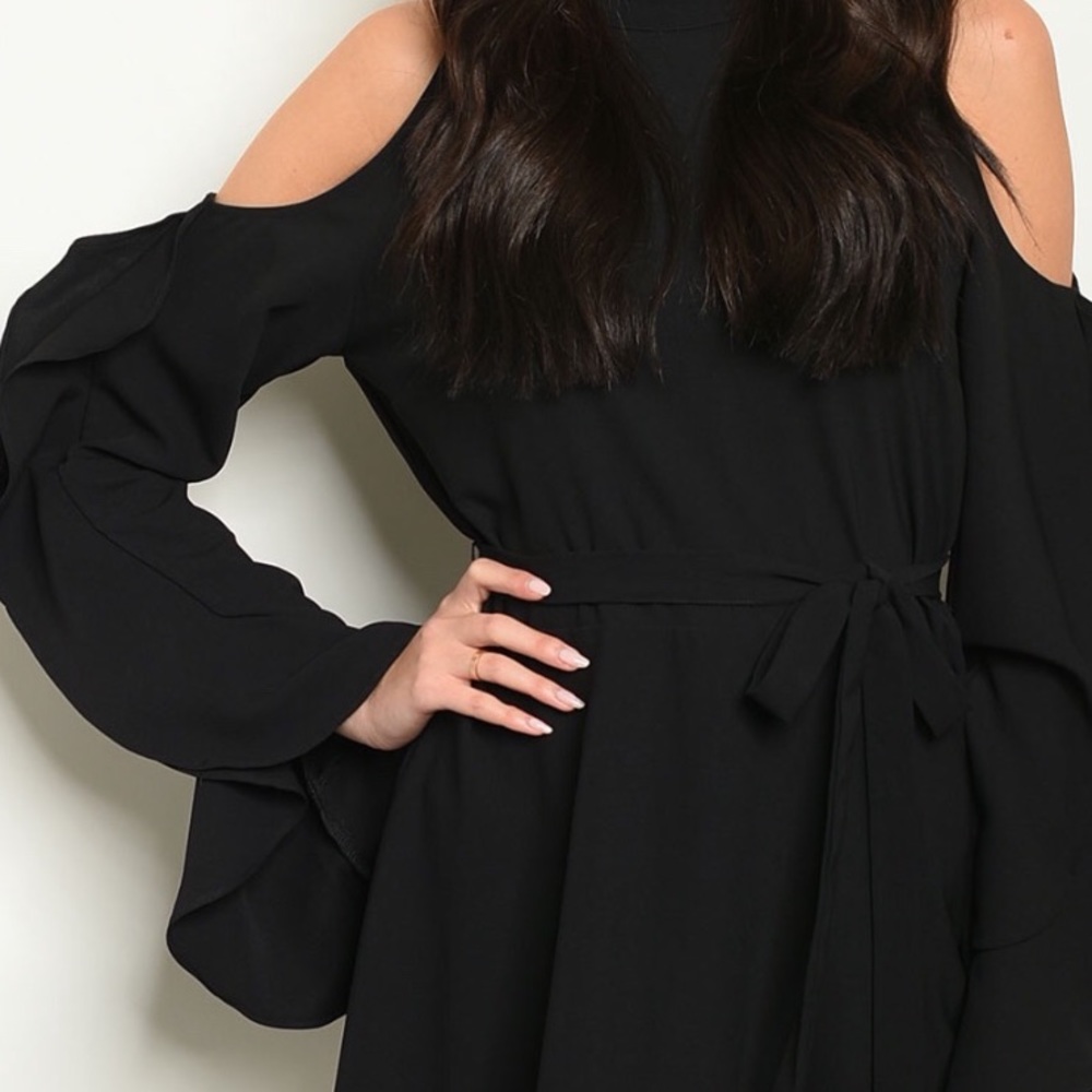 ❌DONATED❌Black Cold Shoulder Mock Neck Ruffle Sleeve Open Back Dress - Picture 2 of 10